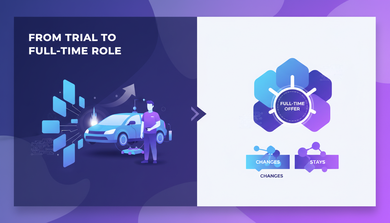 Modern illustration of a groomer valet transitioning from trial to full-time role in the automotive industry, featuring indigo and violet tones.