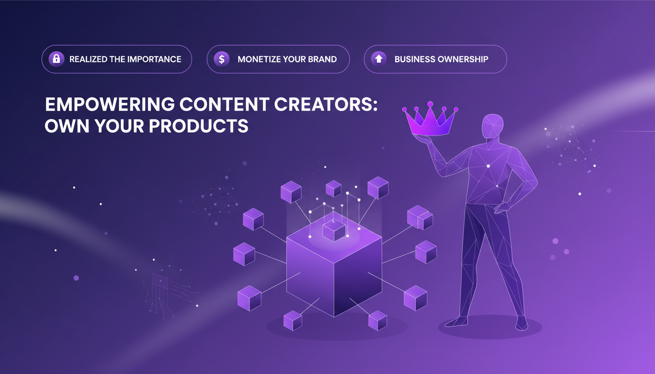 Illustration moderne et minimaliste représentant des créateurs de contenu s'appropriant leurs produits, avec des formes géométriques et des dégradés.