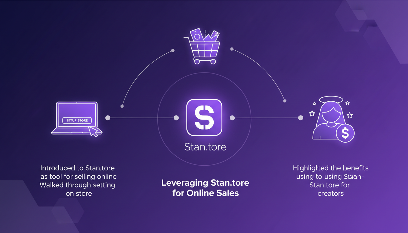 Illustration moderne et minimaliste sur l'utilisation de Stan.tore pour les ventes en ligne, avec des formes géométriques et des dégradés violets.