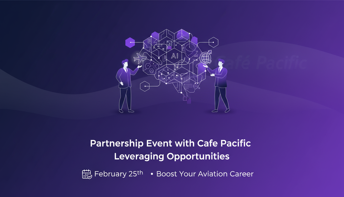 Modern illustration of a partnership event with Cafe Pacific, highlighting aviation career opportunities and industry insights.