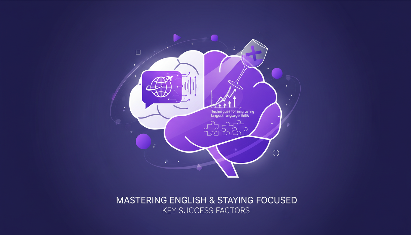 Modern illustration on mastering English and focus, crucial in aviation, featuring geometric shapes and violet gradients for a blog article.