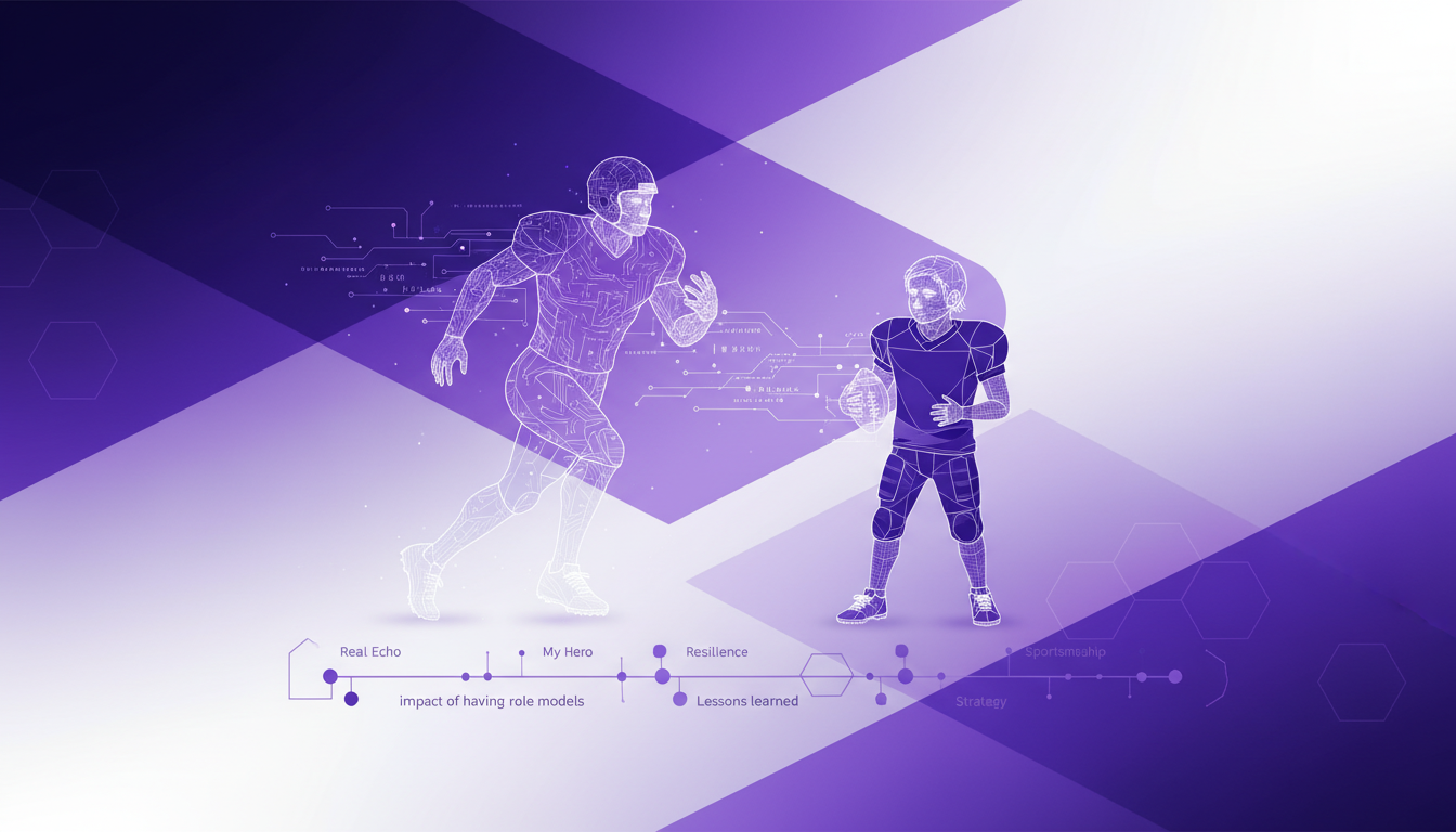 Modern minimalist illustration on drawing inspiration from sports heroes and role models, featuring indigo and violet with geometric shapes.