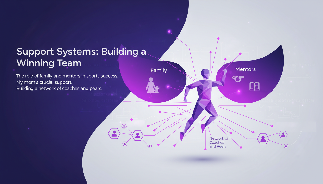 Modern illustration depicting support systems in sports, highlighting family, mentors, and a network of coaches, in indigo and violet gradients.