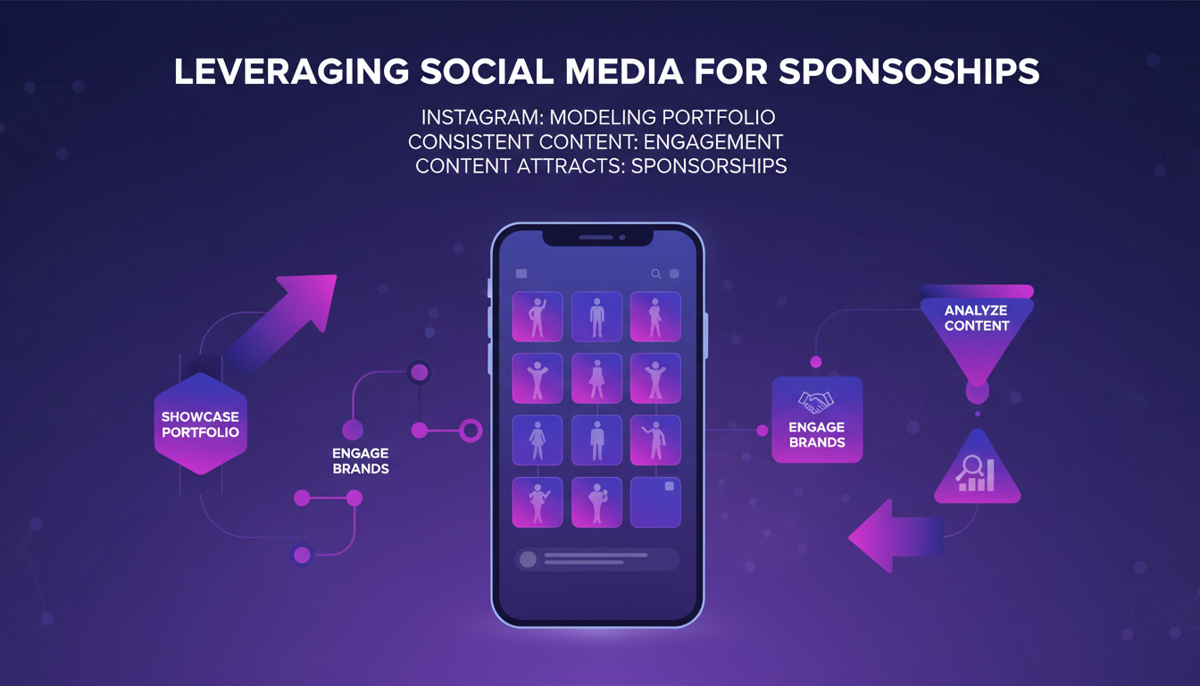 Modern illustration of leveraging social media for sponsorships, featuring geometric elements and a violet color palette