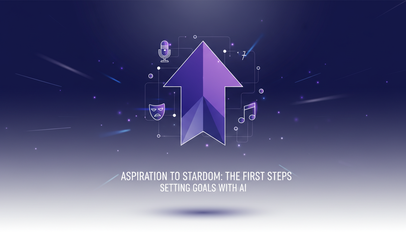 Modern minimalist illustration of an aspiring actress and singer taking first steps towards stardom, featuring indigo and violet gradients.