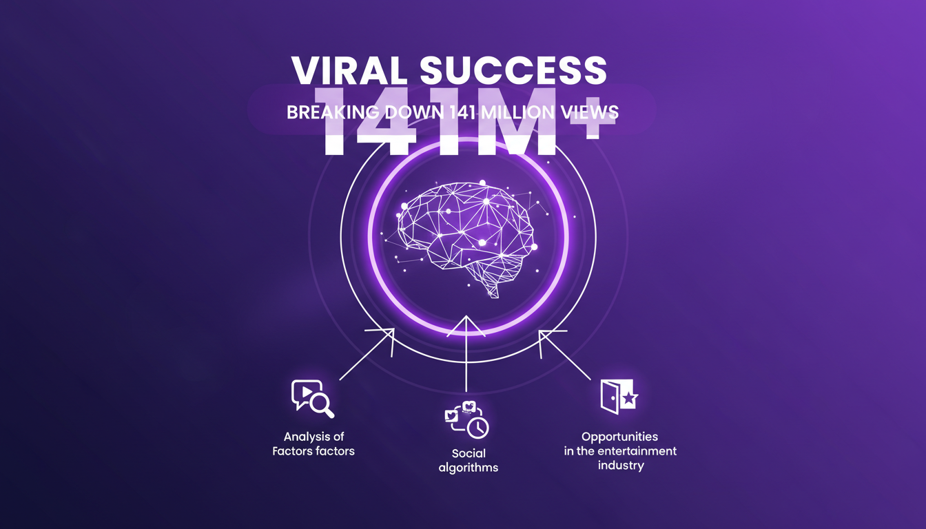 Modern minimalist illustration on viral success of 141 million views, featuring geometric shapes and indigo-violet gradients.