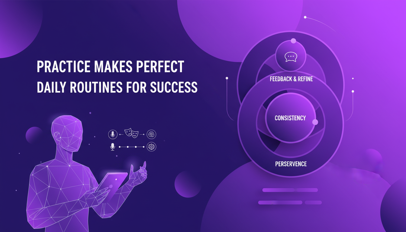 Modern illustration of a daily success routine featuring geometric shapes and violet gradients, symbolizing perseverance and improvement.