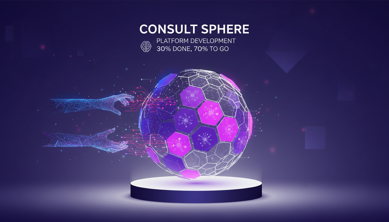 Modern illustration of Consult Sphere platform, 30% complete, AI and traditional consultancy integration, indigo and violet.