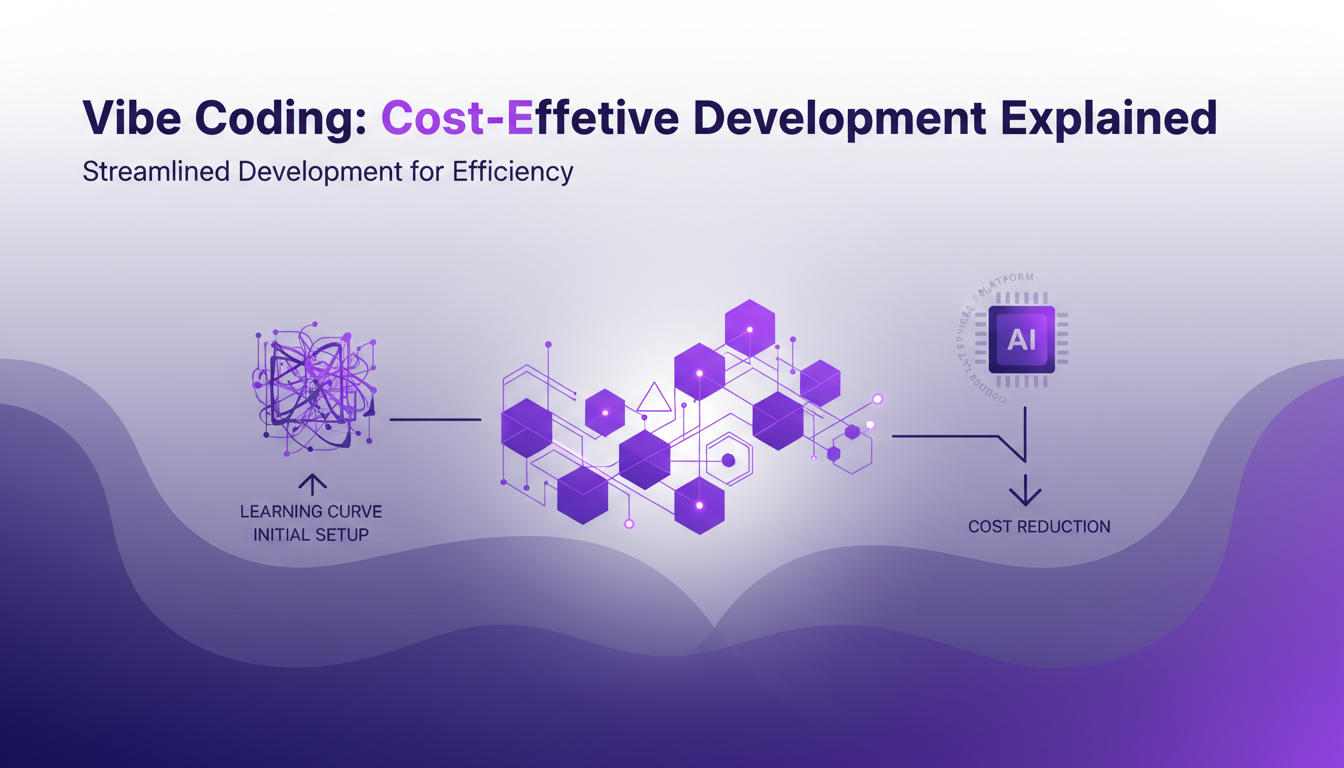 Modern minimalist illustration of Vibe Coding development, cost-effective process with geometric shapes and indigo-violet gradients.