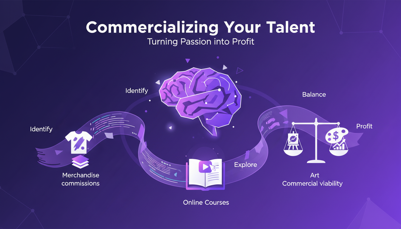 Illustration moderne minimaliste de la commercialisation du talent avec formes géométriques et dégradés, couleurs indigo et violet.