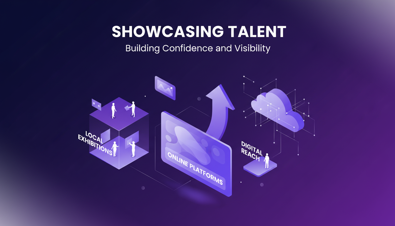 Illustration moderne minimaliste montrant la confiance et la visibilité des talents, avec des formes géométriques et des couleurs indigo et violettes.