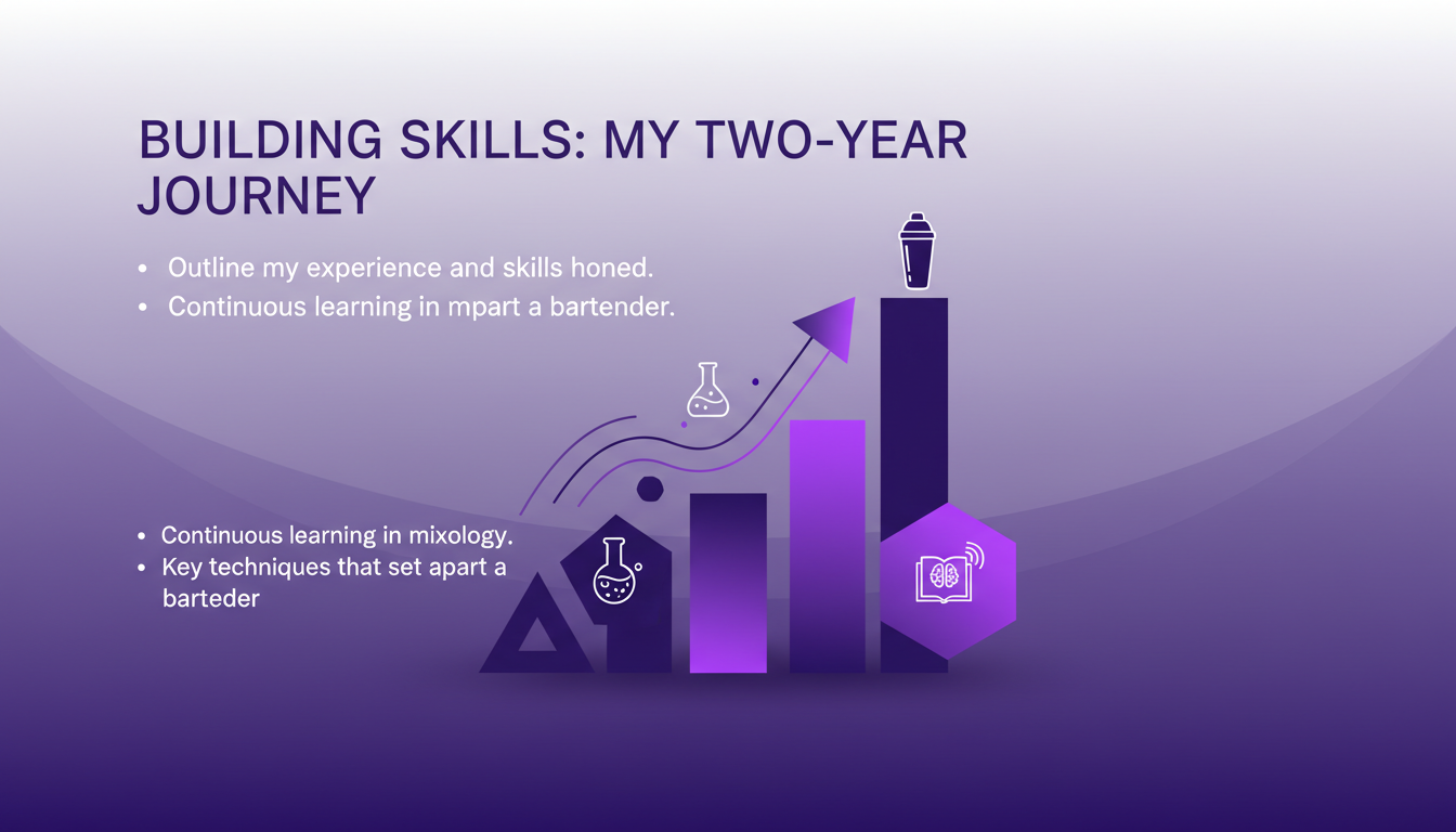Modern minimalist illustration of my two-year mixology journey, highlighting continuous learning and key bartending techniques.