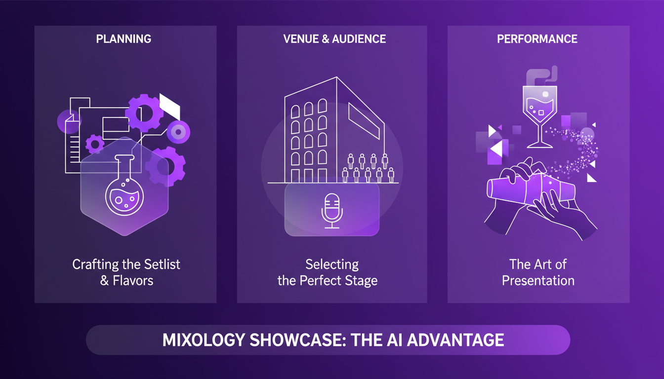 Modern illustration of preparing for a mixology showcase, featuring geometric shapes and violet gradients, highlighting planning and performance.