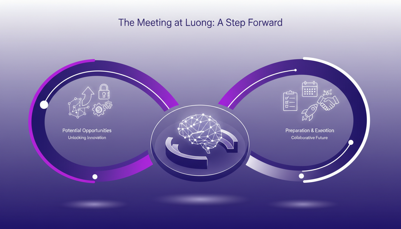 Modern illustration of the Meeting at Luong, symbolizing progress with geometric shapes and violet gradients, AI context.