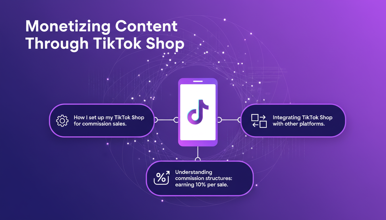 Illustration moderne sur la monétisation de contenu via TikTok Shop, intégration avec d'autres plateformes, structures de commission 10%.