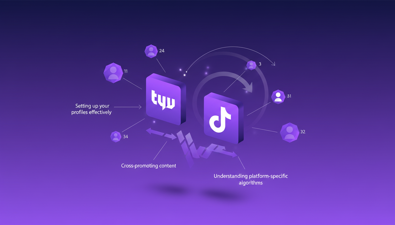 Illustration moderne de la croissance grâce à Twitch et TikTok, avec des formes géométriques et des dégradés violets, symbolisant l'innovation.