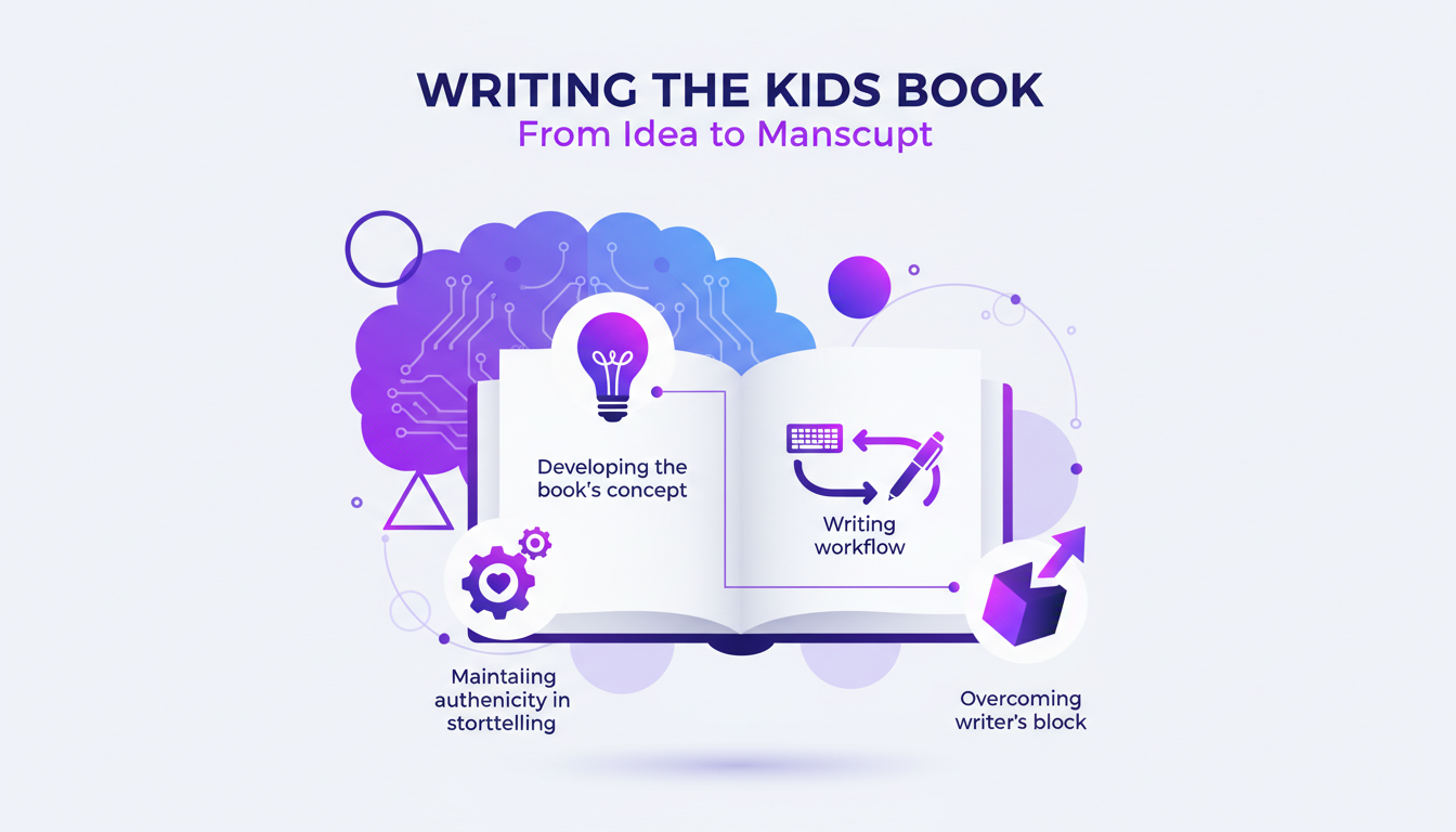 Modern illustration of writing a kids' book, depicting the creative process with geometric shapes and violet gradients.