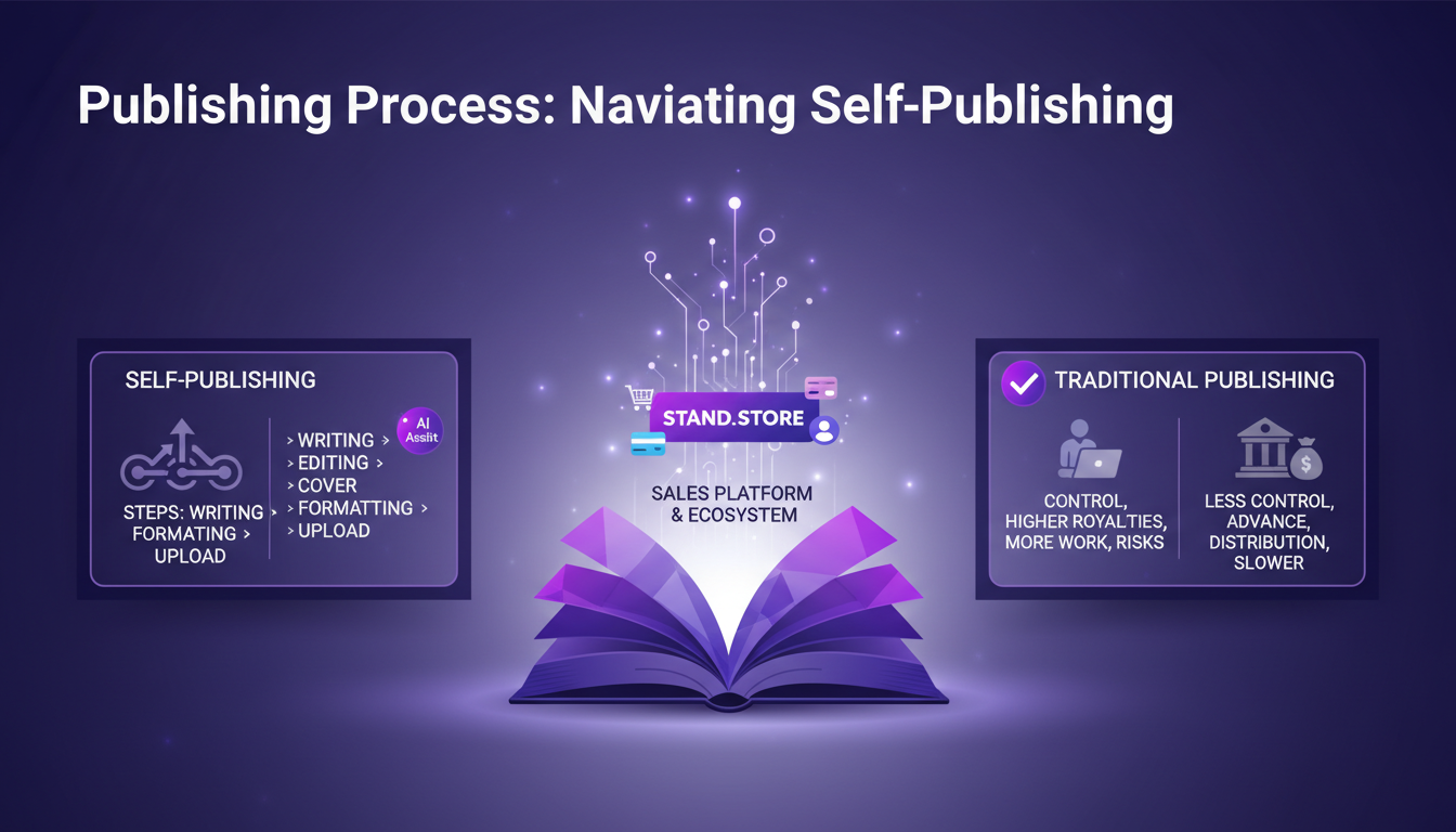 Modern illustration of self-publishing with geometric shapes, depicting the publishing process and Stand.store's role.