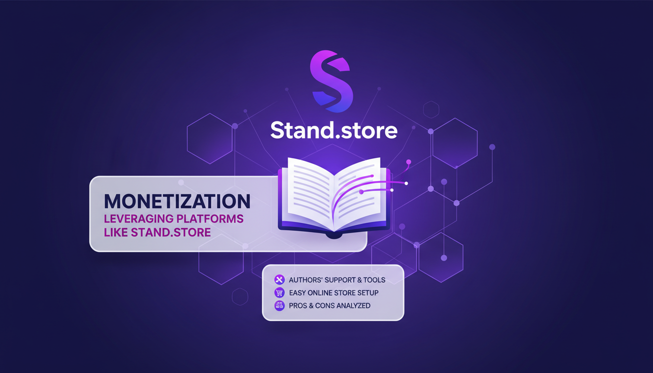 Modern illustration of monetization with Stand.store, depicting authors using the platform to sell books online effectively.