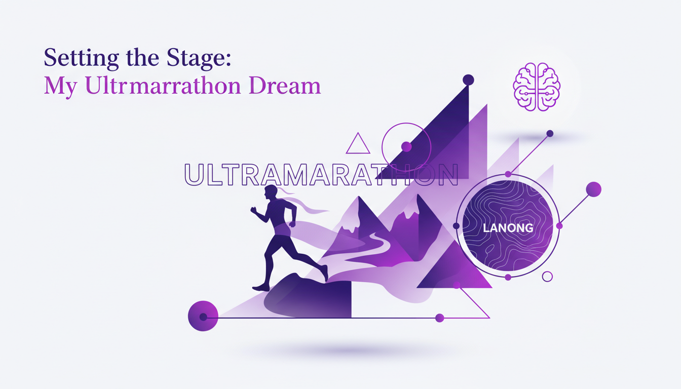 Modern minimalist illustration of an ultramarathon dream in Lanong, featuring geometric shapes and indigo-violet gradients.