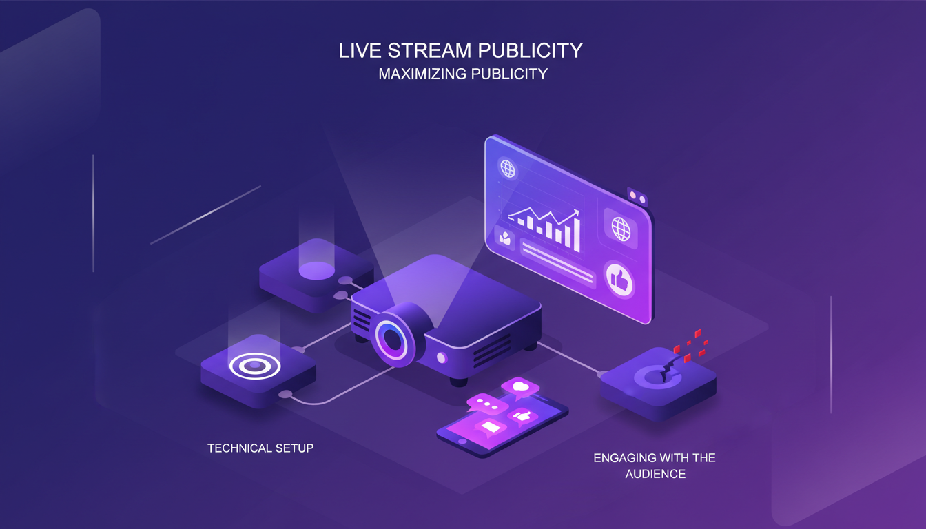 Modern indigo and violet illustration of live streaming an event to maximize publicity, featuring AI technology.