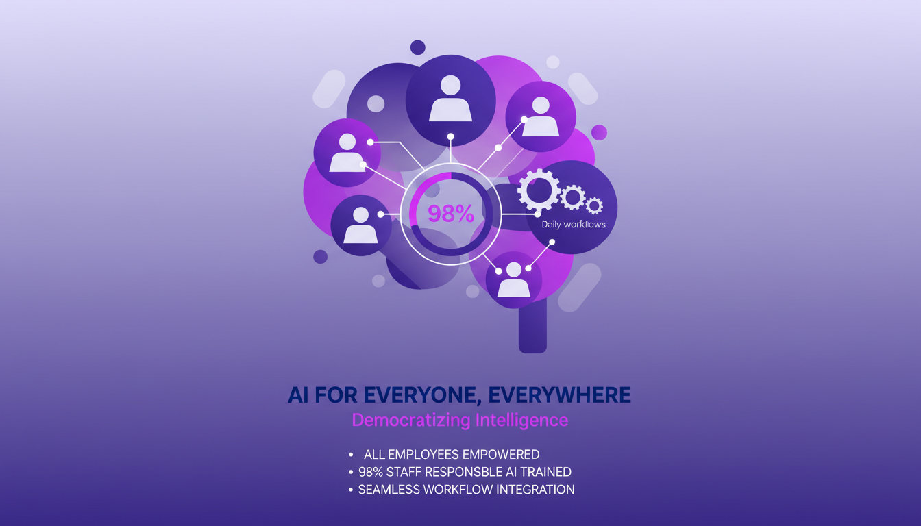 Modern illustration of AI for Everyone, Everywhere Initiative, showing AI integration in BNY employees' daily work with geometric shapes.