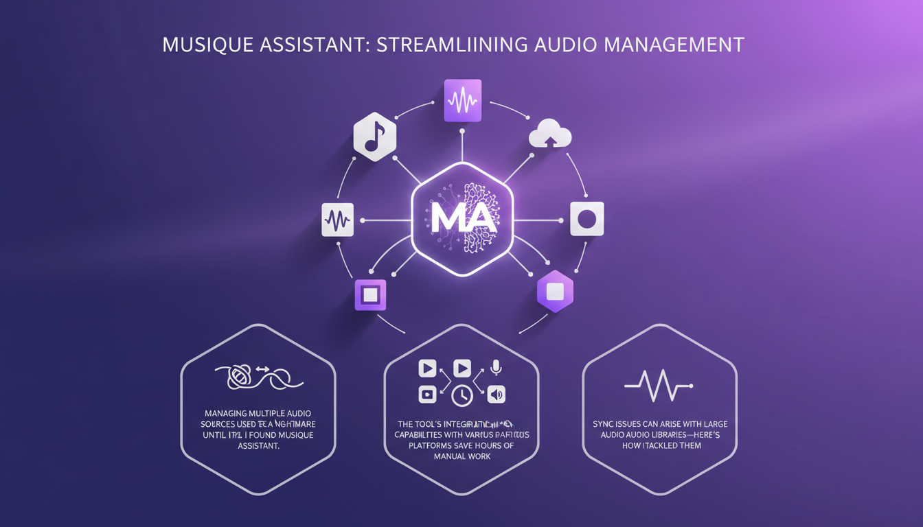 Modern illustration of Musique Assistant, streamlined audio management, platform integration, audio library, AI technology.