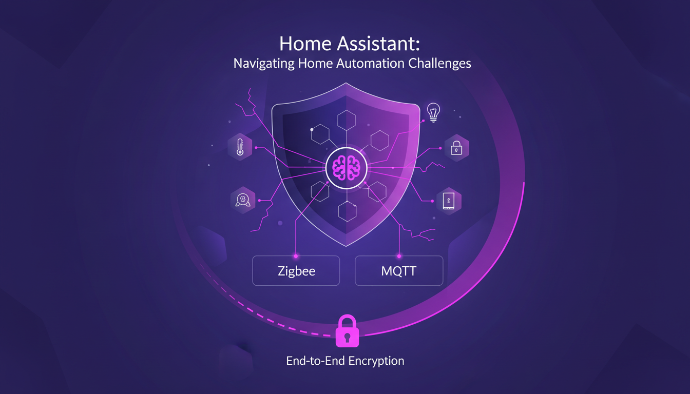 Modern illustration of Home Assistant, depicting integration of Zigbee and MQTT protocols, with enhanced security through encryption.
