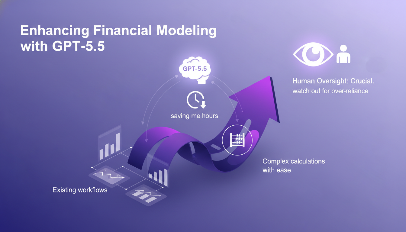 Modern illustration of enhancing financial modeling with GPT-5.5, integrated into workflows, featuring geometric shapes and gradient overlays.