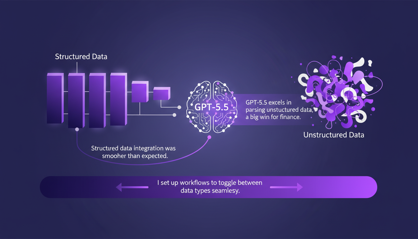 Modern illustration of structured and unstructured data handling, seamless integration with GPT-5.5, indigo and violet hues.
