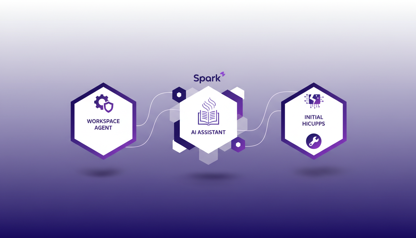 Illustration moderne de la configuration de Spark pour l'automatisation des ventes, avec des formes géométriques et des dégradés indigo et violet.