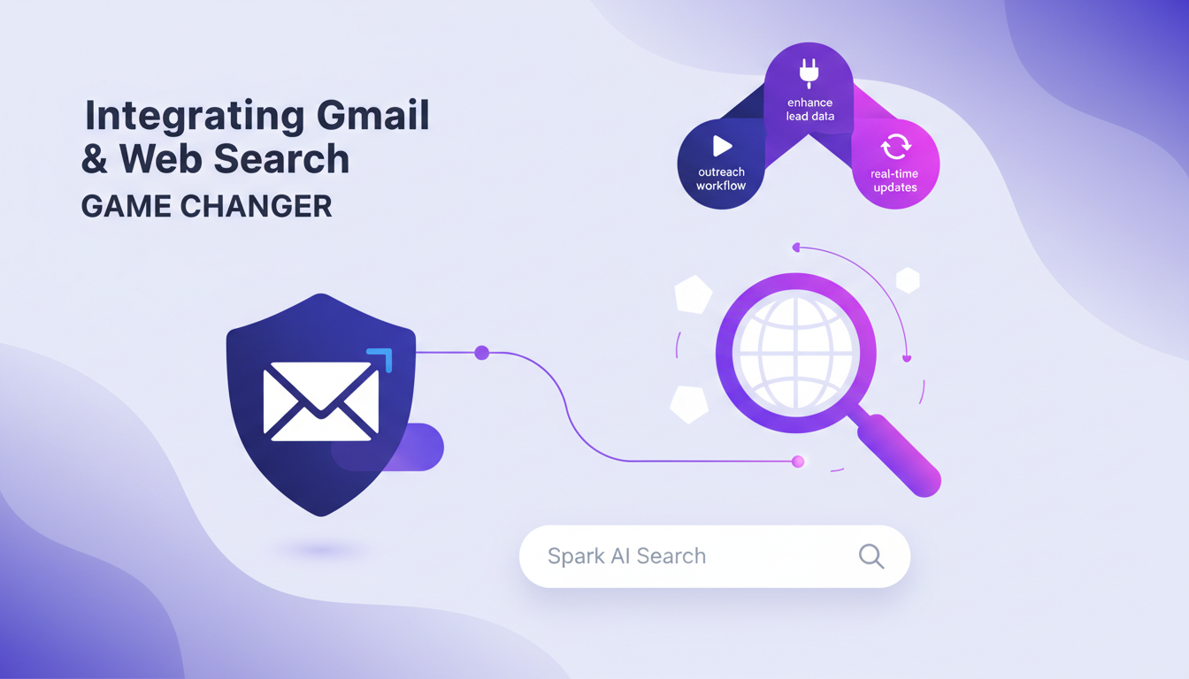 Illustration moderne de l'intégration Gmail et recherche web, avec formes géométriques et dégradés violets, symbolisant l'innovation AI.