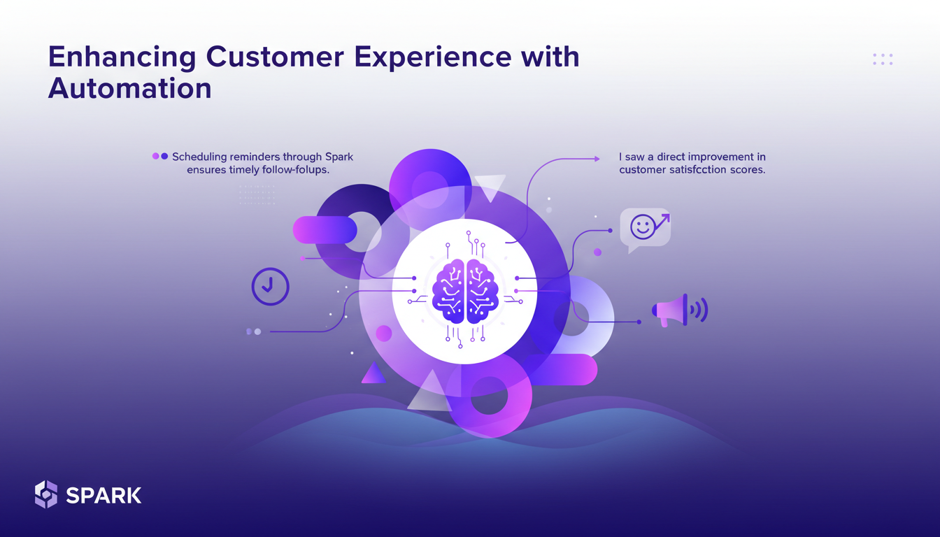Illustration moderne et minimaliste d'automatisation améliorant l'expérience client, avec formes géométriques et dégradés violets.