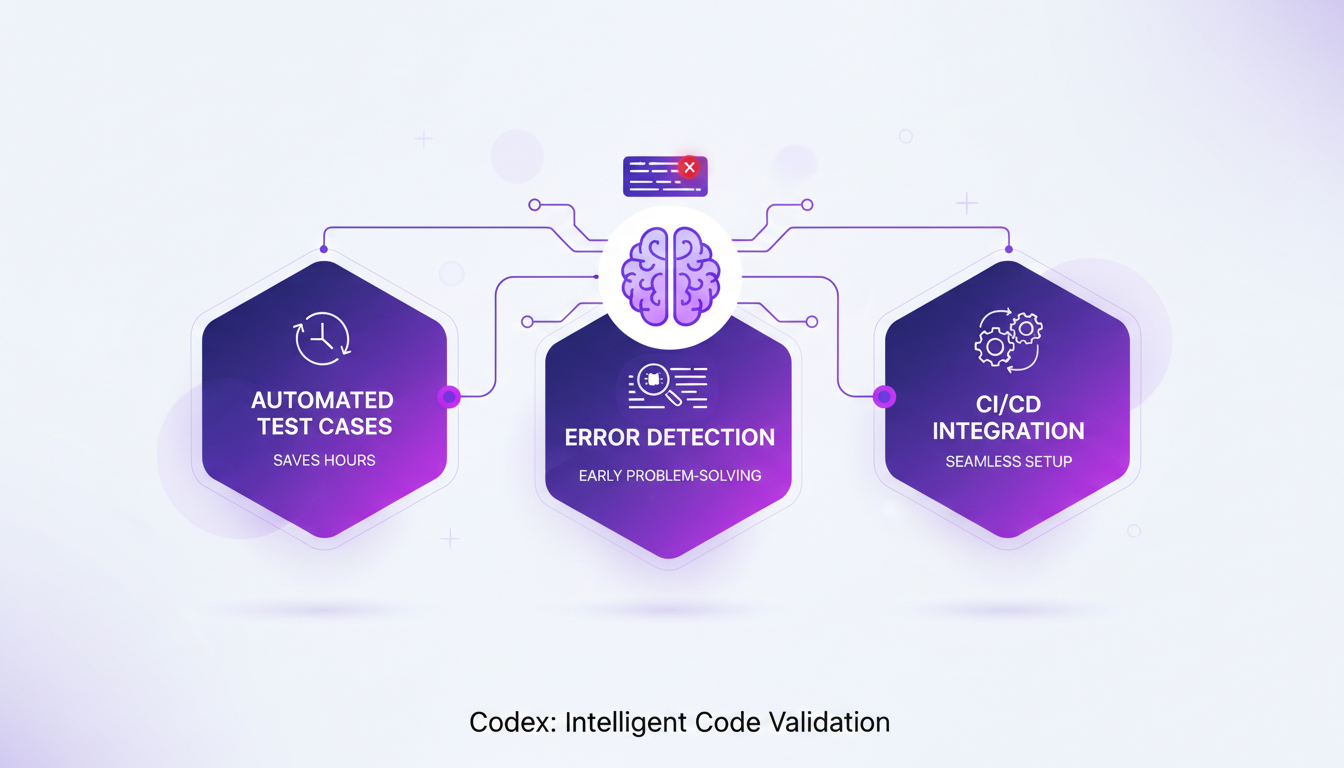 Modern illustration of code validation and testing with Codex, CI/CD integration, test automation, AI technology, indigo and violet tones.
