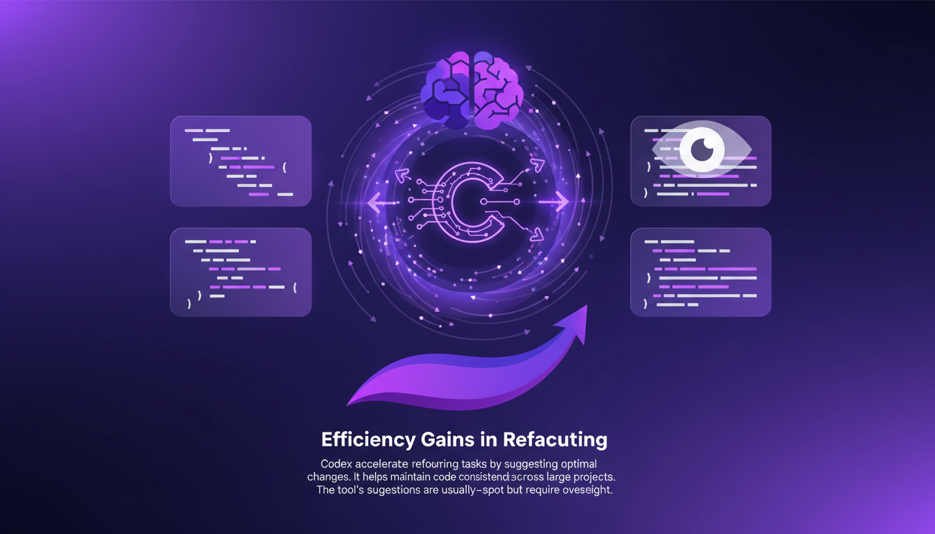 Modern illustration depicting efficiency gains in refactoring with Codex, enhancing code consistency with optimal suggestions.