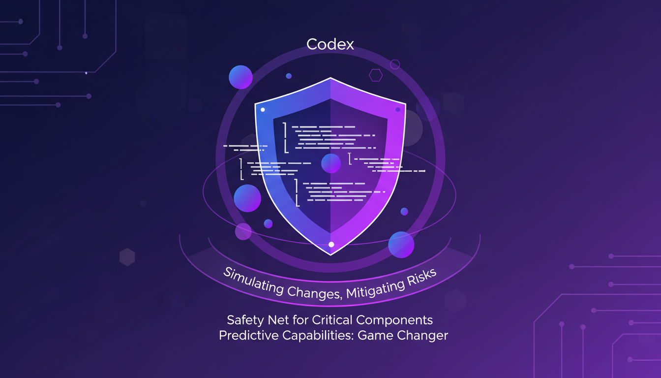 Modern illustration of managing risks in software modification with Codex, featuring indigo and violet colors, geometric shapes, and a clean design.