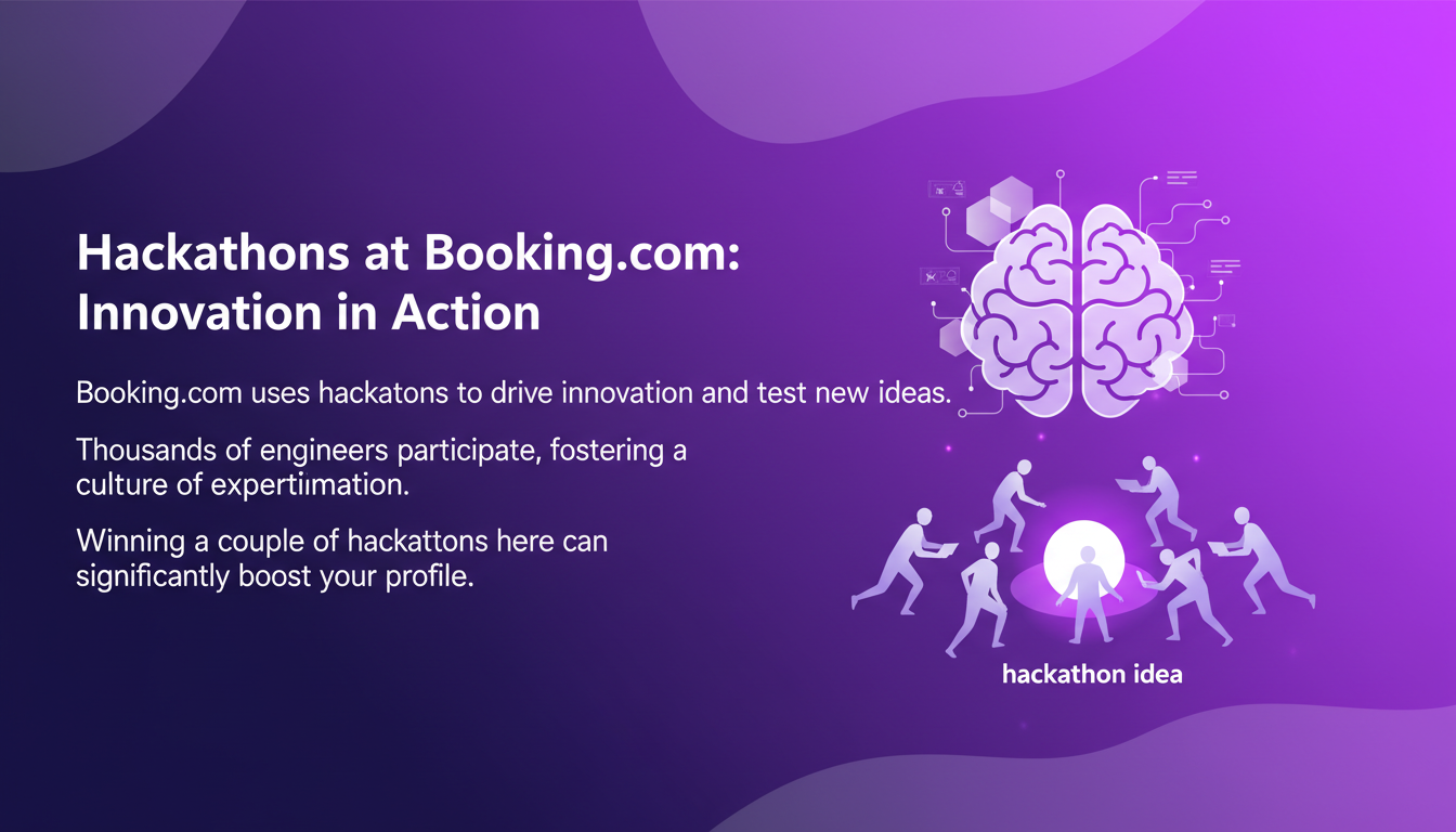 Modern illustration of a hackathon at Booking.com, showcasing innovation with engineers and geometric shapes in violet hues.