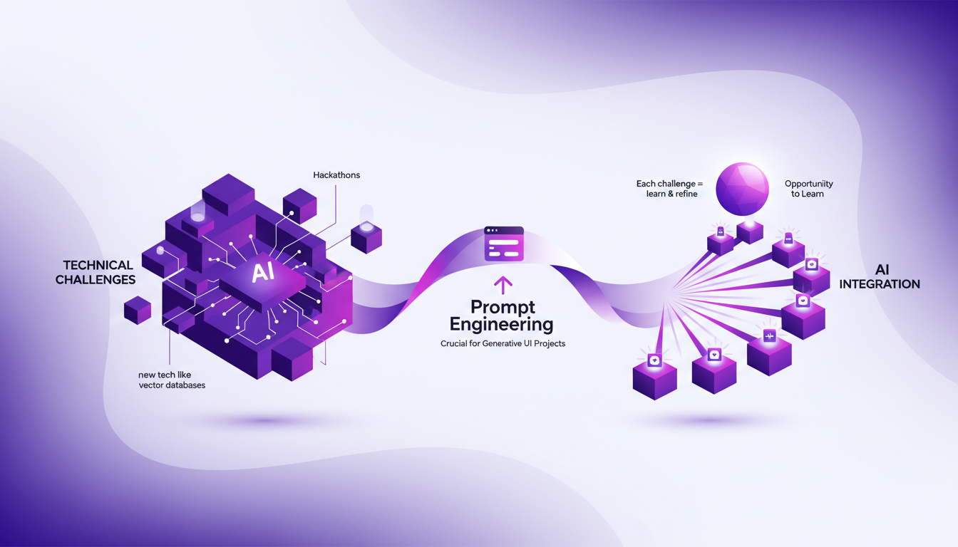 Modern illustration of technical challenges and AI integration featuring hackathons, prompt engineering, geometric shapes, and gradients.