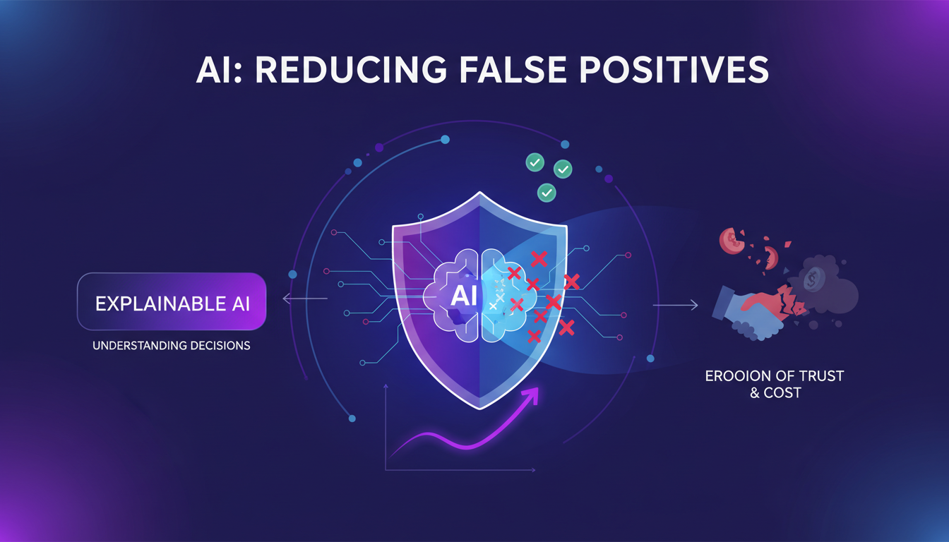 Modern illustration of AI reducing false positives with geometric shapes and indigo-violet gradients, symbolizing innovation.