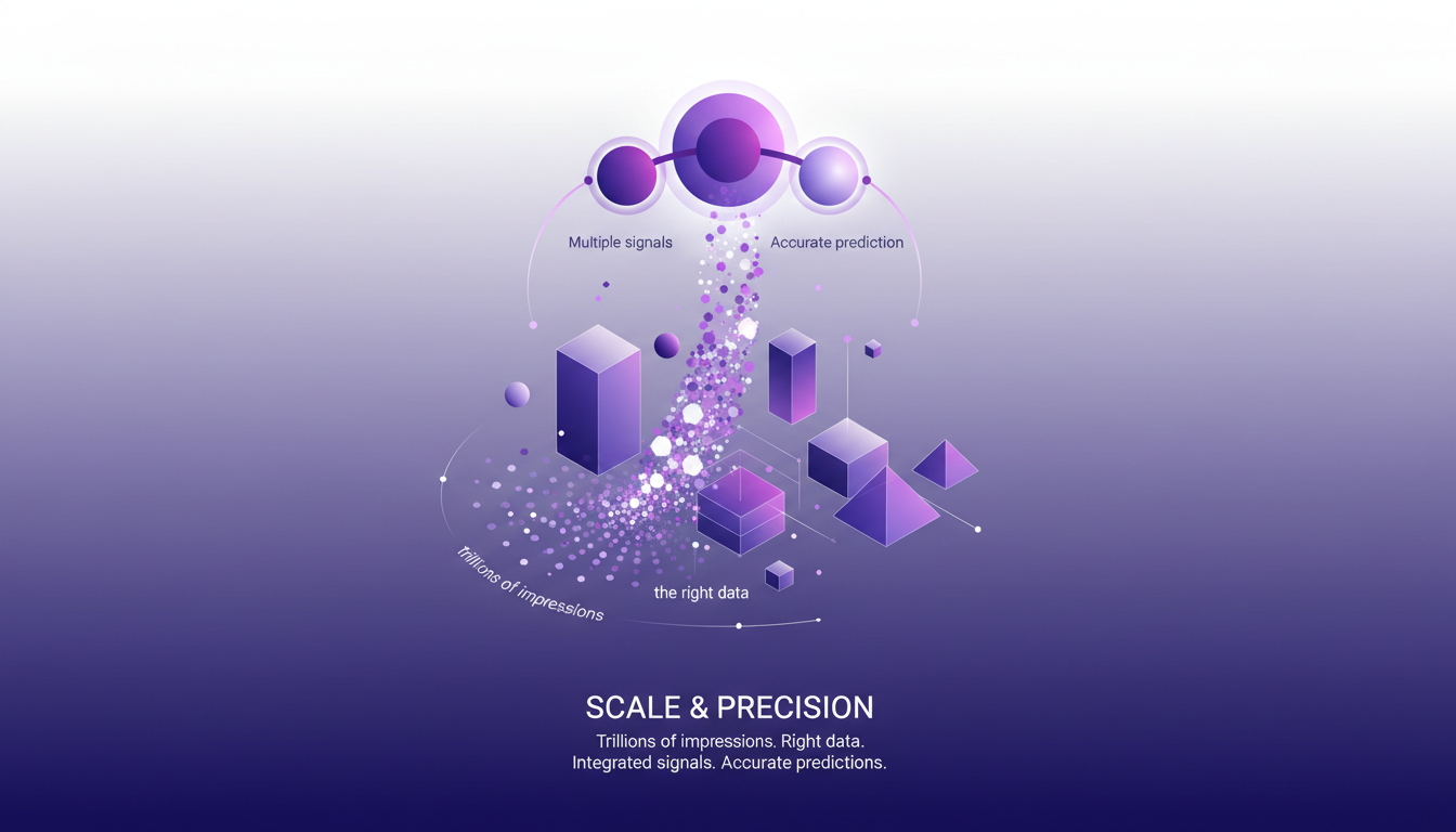 Modern illustration of large-scale data processing with precision, featuring geometric shapes and violet gradients.