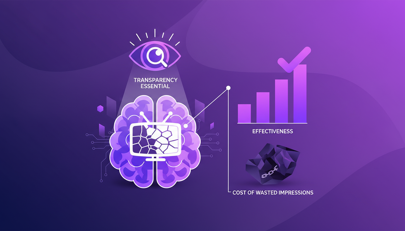 Modern illustration of transparency and effectiveness in CTV advertising, featuring geometric shapes and indigo and violet colors.