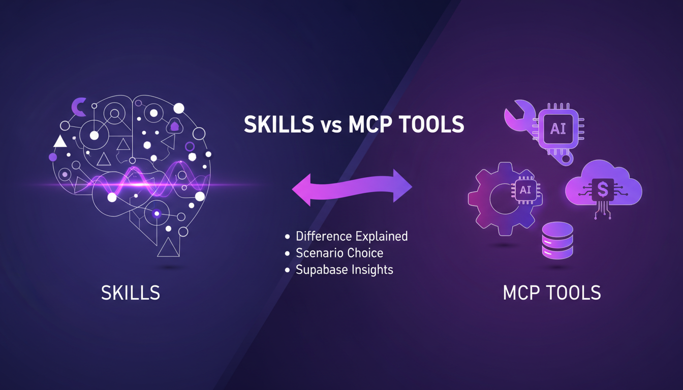 Modern minimalist illustration depicting the difference between skills and MCP tools, featuring geometric shapes and indigo-violet gradients.