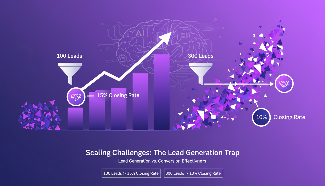 Modern illustration on scaling challenges and lead generation trap, featuring geometric shapes and gradients in indigo and violet hues.