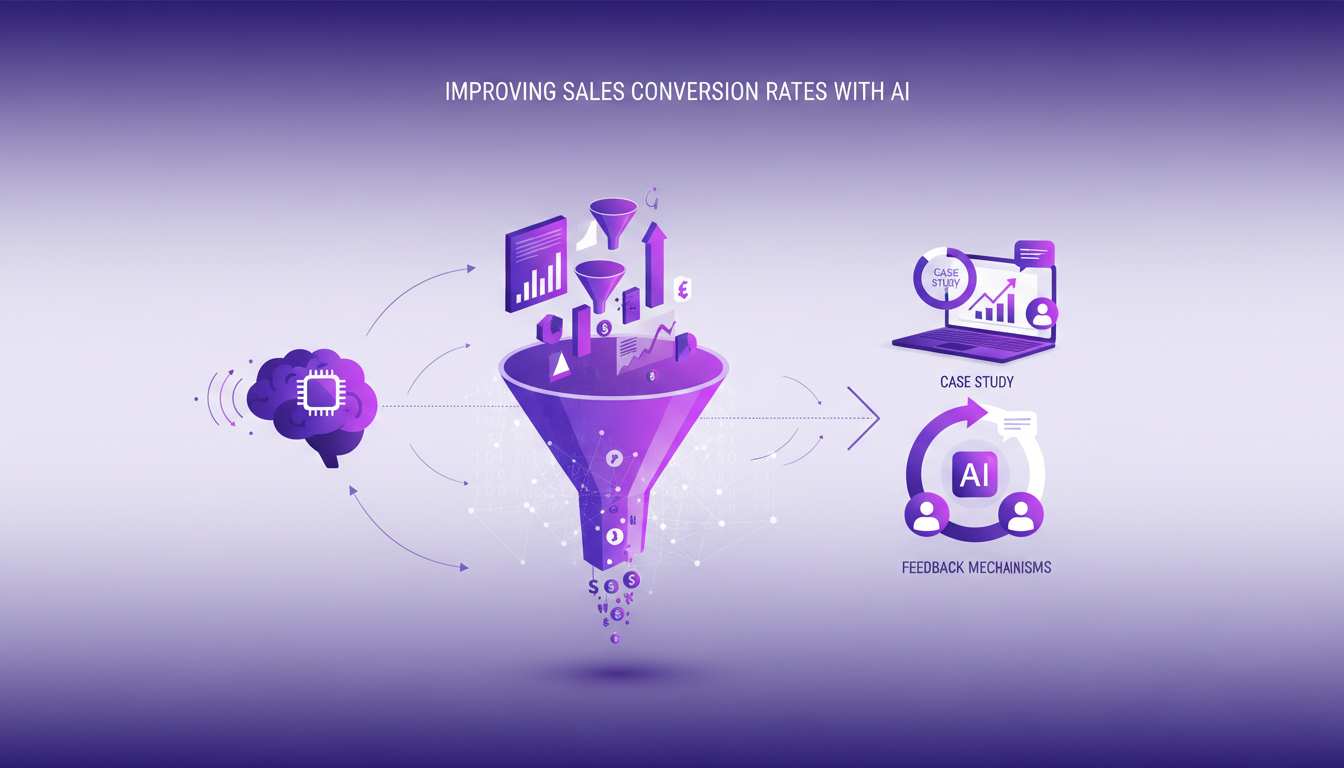 Modern illustration on improving sales conversion rates with AI, featuring geometric shapes and subtle gradient overlays.