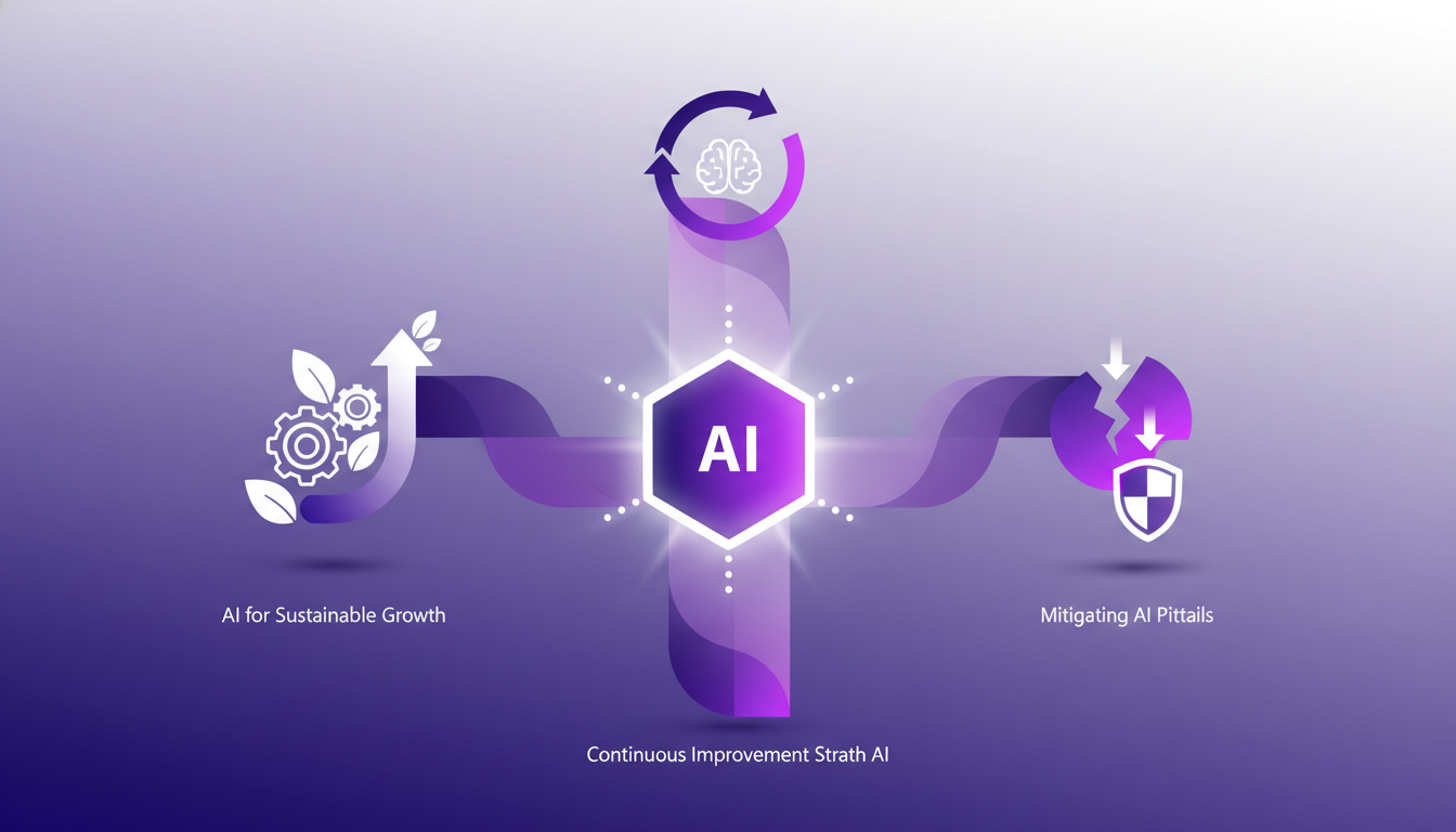 Modern illustration of sustainable business growth through AI, featuring geometric shapes and violet gradients.