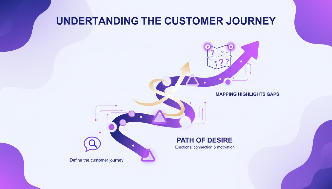 Modern illustration of the customer journey with geometric shapes, indigo and violet gradients, highlighting AI importance in CX.