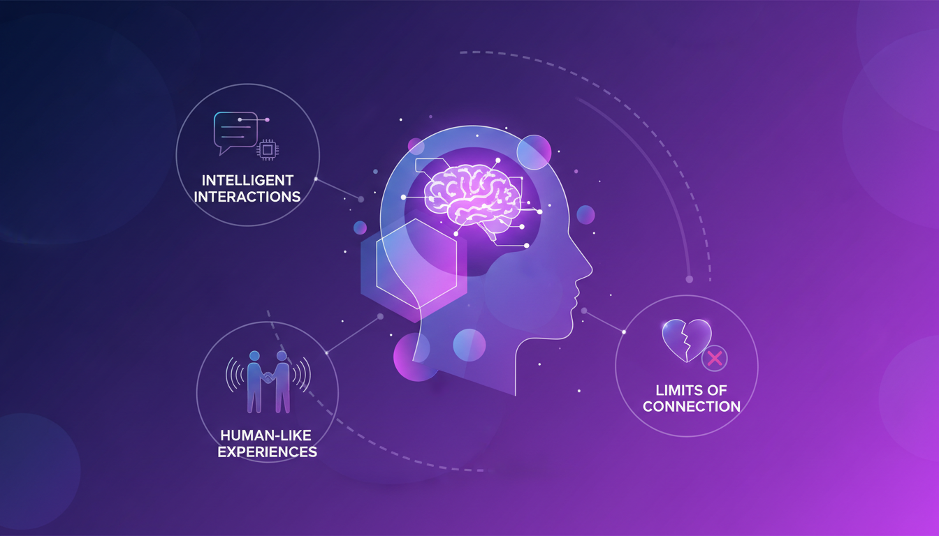 Modern illustration of AI enhancing customer experience with intelligent, human-like interactions, minimalist style in indigo and violet.