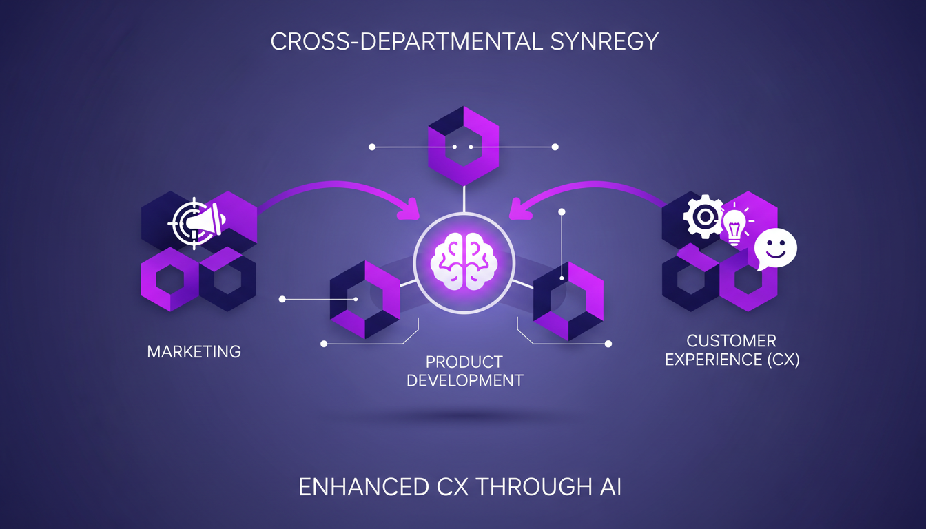Modern illustration of cross-department collaboration for enhancing CX, featuring geometric shapes and violet gradients.