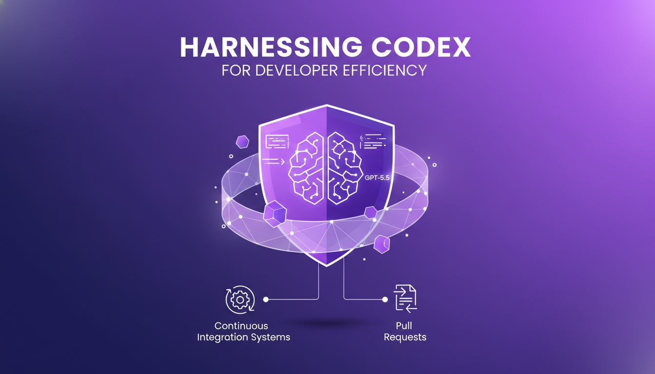 Illustration moderne de l'efficacité des développeurs avec Codex, montrant l'automatisation des tâches répétitives avec l'IA dans un style minimaliste.
