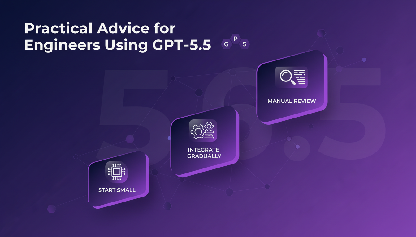 Illustration moderne et minimaliste pour ingénieurs utilisant GPT-5.5, conseils pratiques avec formes géométriques et dégradés violets.